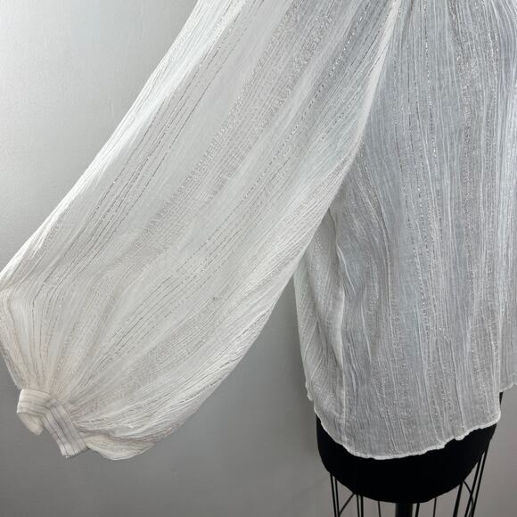 JOIE Elza White Metallic Gold Stripe Cotton Blouse V-Neck Ruffles Sheer Top S SM - Picture 6 of 9